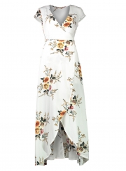 Sexy Floral Print V Neck Short Sleeve Waist Tie Slit Maxi Dress