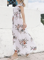 Sexy Floral Print V Neck Short Sleeve Waist Tie Slit Maxi Dress