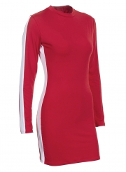 Red Sexy Color Block Round Neck Long Sleeve Slim Bodycon Dress