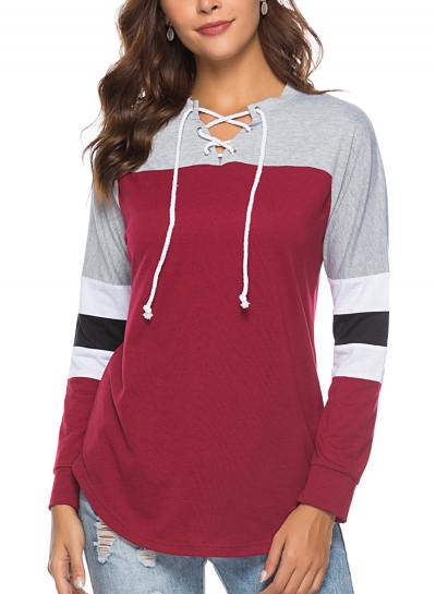 Casual Striped Long Sleeve Lace-Up Neck Color Block Loose Tee zecalaba.com