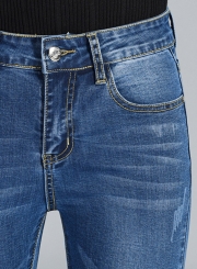 Casual High Waist Solid Color Slim Fit Skinny Pencil Denim Jeans