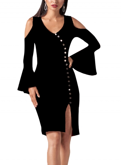 Black Off Shoulder Flare Sleeve Slit Button Down Bodycon Dress zecalaba.com