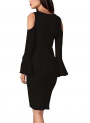 Black Off Shoulder Flare Sleeve Slit Button Down Bodycon Dress