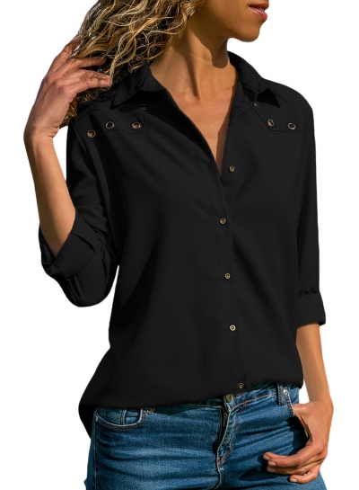 Black Casual Turn-Down Collar Long Sleeve Loose Button Down Shirt zecalaba.com