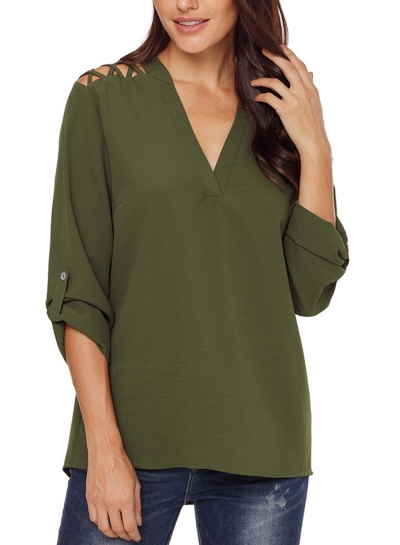 Army Green Women's V Neck Rolled-Up Long Sleeve Solid Color Hollow Out Blouse