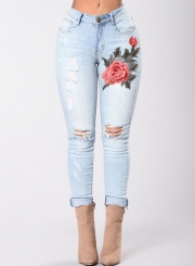 Casual Faded Ripped Embroidered High Waist Skinny Jeans With Pockets