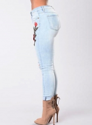 Casual Faded Ripped Embroidered High Waist Skinny Jeans With Pockets