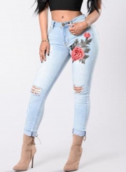 Casual Faded Ripped Embroidered High Waist Skinny Jeans With Pockets