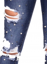 Classic Beading Destroyed Jeans Ripped Denim Jeans