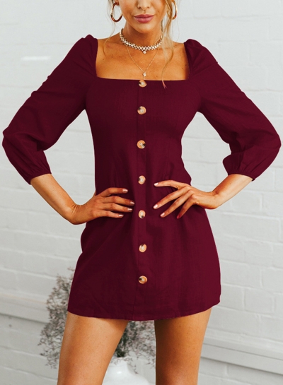 Burgundy Casual Square Neck 3/4 Sleeve Solid Color Button Down Mini Dress zecalaba.com