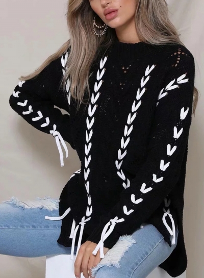 Black Round Neck Long Sleeve Lace-Up Hollow Out Slit Loose Sweater zecalaba.com