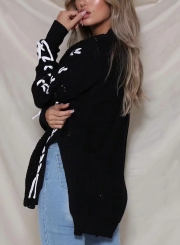 Black Round Neck Long Sleeve Lace-Up Hollow Out Slit Loose Sweater