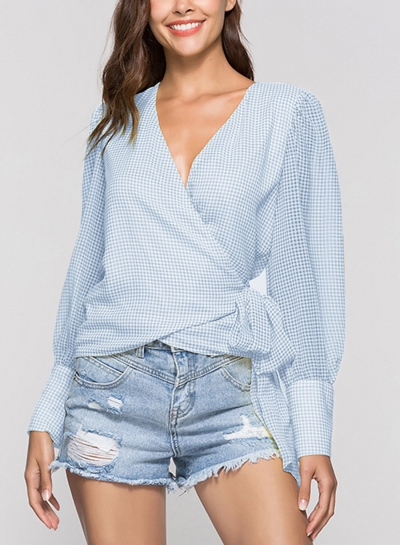 Blue Casual V Neck Long Sleeve Wrap Waist Tie Loose Plaid Blouse zecalaba.com