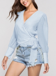 Blue Casual V Neck Long Sleeve Wrap Waist Tie Loose Plaid Blouse