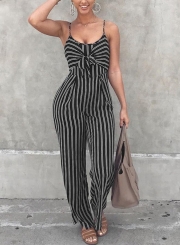 Summer Striped Spaghetti Strap Bowknot Backless Wide Leg Jumpsuit