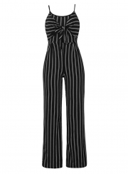 Summer Striped Spaghetti Strap Bowknot Backless Wide Leg Jumpsuit