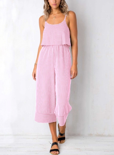 Pink Striped Spaghetti Strap Round Neck Backless Wide Leg Jumpsuit