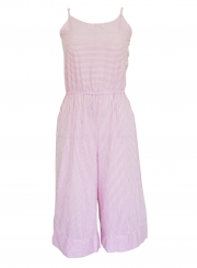 Pink Striped Spaghetti Strap Round Neck Backless Wide Leg Jumpsuit