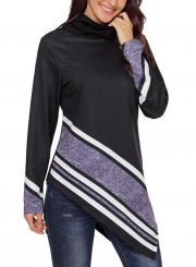 Black Striped High Neck Long Sleeve Irregular Loose Sweatshirt