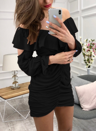 Black Sexy Off Shoulder Long Sleeve Lace-Up Solid Color Ruffle Mini Dress