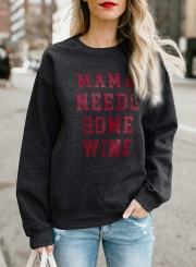 Black Letters Print Round Neck Long Sleeve Loose Pullover Sweatshirt