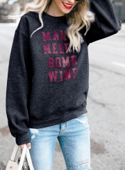 Black Letters Print Round Neck Long Sleeve Loose Pullover Sweatshirt