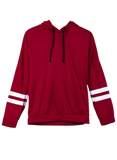 Burgundy Casual Striped Long Sleeve Loose Boyfriend Pullover Hoodie